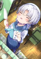 1girl aqua_neckerchief blue_sailor_collar blue_skirt blush chair closed_eyes commentary_request crying food glasses grey_hair hat highres hirato_(kancolle) holding holding_knife kantai_collection knife long_sleeves mugichoko_(mugi_no_choko) neckerchief onion open_mouth pantyhose pleated_skirt rimless_eyewear sailor_collar sailor_hat school_uniform serafuku short_hair skirt solo tears vegetable white_hat