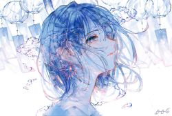 1girl blue_theme blunt_bangs earrings fireworks_earrings highres jewelry looking_away looking_up oo6 original profile short_hair solo transparent upper_body water_balloon wind_chime