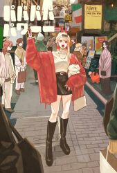 2others 4girls 5boys angel_devil_(chainsaw_man) animal beam_(chainsaw_man) black_footwear black_hair black_skirt boots brown_hair cardigan cat chainsaw_man commentary_request copyright_name denji_(chainsaw_man) flag full_body halo hat hayakawa_aki higashiyama_kobeni highres himeno_(chainsaw_man) hood hoodie horns long_hair looking_back mask meowy_(chainsaw_man) multiple_boys multiple_girls multiple_others outdoors pochita_(chainsaw_man) power_(chainsaw_man) princi_(chainsaw_man) red_cardigan red_horns red_nails sharp_teeth skirt straight_hair takeuchi_ryousuke teeth v violence_fiend_(chainsaw_man) white_hat white_wings wings