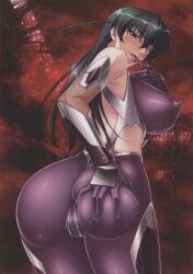 Rule 34 | 00s, 1girl, ass, ass press, back, bodysuit, breasts, butt crack, cameltoe, come hither, covered erect nipples, curvy, female focus, finger to mouth, from behind, grabbing own ass, green eyes, green hair, half-closed eyes, highres, huge ass, igawa asagi, in heat, kagami hirotaka, large breasts, legs, lilith-soft, long hair, looking at viewer, looking back, naughty face, nipples, no bra, open mouth, saliva, scan, seductive gaze, seductive smile, shiny clothes, sideboob, smile, solo, source request, sweat, taimanin (series), taimanin asagi, thighs, tongue, tongue out, wide hips