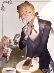 Rule 34 | 1girl, 2boys, absurdres, androgynous, azbar (dragon quest), banno watari, bartender, black bow, black horns, black jacket, black pants, black vest, blonde hair, blue bow, blue bowtie, blue eyes, blue hair, blue vest, blunt bangs, bow, bowtie, butler, cake, cleaning, coffee, colored skin, commentary request, demon boy, demon girl, dragon quest, dragon quest x, dress, food, frilled dress, frills, gloves, grey background, hair bow, hairband, hands on own cheeks, hands on own face, highres, holding, holding plate, horns, index finger raised, jacket, long hair, looking at viewer, looking to the side, low ponytail, monocle, multiple boys, official alternate costume, one eye closed, pants, pink skin, plate, pointy ears, ponytail, purple dress, purple hairband, red horns, rinverry, risoru (dq10), shirt, short hair, sitting, smile, solo focus, sparkle, striped clothes, striped thighhighs, table, thighhighs, vest, white gloves, white shirt, white trim, yellow eyes