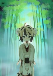 1girl absurdres aged_down ahoge animal_ears bamboo black_hair blonde_hair blood blood_from_mouth blood_on_clothes blood_on_hands cowboy_shot fog grey_eyes highres holding_own_tail japanese_clothes kepona kimono looking_at_viewer multicolored_hair outdoors short_hair solo streaked_hair tail tears tiger_ears tiger_girl tiger_tail toramaru_shou torn_clothes torn_sleeves touhou white_kimono