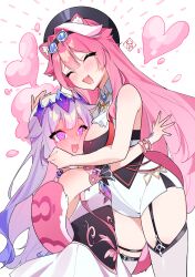 Rule 34 | 2girls, @ @, absurdres, animal ears, ascot, black corset, black shirt, blush, breasts, center-flap bangs, chest jewel, closed eyes, colored inner hair, corset, detached sleeves, double-parted bangs, dress, fangs, full-face blush, garter straps, gem, gradient hair, hair flaps, hand jewel, hayate fish, headpat, headpiece, high-waist shorts, highres, hololive, hololive english, hug, jewel under eye, koseki bijou, koseki bijou (1st costume), large breasts, long hair, multicolored hair, multiple girls, open mouth, panther ears, panther girl, panther tail, pink hair, purple eyes, purple gemstone, purple hair, raora panthera, raora panthera (1st costume), shirt, shorts, sidelocks, simple background, single detached sleeve, sleeveless, sleeveless dress, smile, streaked hair, tail, thighhighs, underbust, very long hair, vest, virtual youtuber, white ascot, white background, white dress, white hair, white shorts, white sleeves, white thighhighs, white vest