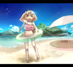 Rule 34 | 10s, 1girl, :d, ahoge, beach, beach umbrella, bikini, bird, blonde hair, blush, cloud, day, female focus, frilled bikini, frills, futaba anzu, goggles, goggles on head, grey eyes, idolmaster, idolmaster cinderella girls, innertube, letterboxed, long hair, navel, nemeko, open mouth, outdoors, ruffle bikini, sky, smile, solo, swim ring, swimsuit, twintails, umbrella, very long hair, water