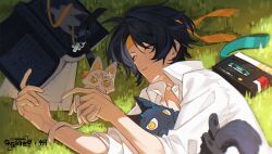 1boy asaba_harumasa asaba_harumasa_(cat) black_cat book cat chinese_commentary collared_shirt commentary_request earrings goufan grass headband highres jewelry lying on_grass on_side shirt sleeping sleeves_rolled_up unworn_choker watermark white_cat white_shirt yellow_eyes yellow_headband zenless_zone_zero