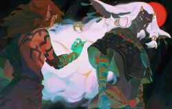 2boys archaic_set_(zelda) black_background black_capelet black_fur blue_eyes body_markings brown_hair capelet closed_mouth colored_eyelashes earrings furry furry_male green_tunic hair_tubes highres horns jewelry link lisa_(mochii_lisa) long_hair looking_at_another looking_at_hand male_focus medium_hair multiple_boys multiple_earrings multiple_horns necklace nintendo pointy_ears rauru_(tears_of_the_kingdom) single_bare_shoulder the_legend_of_zelda the_legend_of_zelda:_tears_of_the_kingdom third_eye tooth_necklace tunic very_long_ears very_long_hair white_hair zonai