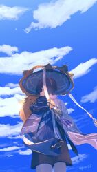 1boy absurdres animal black_hair black_shorts blue_cape blue_sky blunt_ends cape cloud cloudy_sky dog facing_away from_behind from_below furisode genshin_impact highres holding holding_animal holding_dog japanese_clothes kimono male_focus multicolored_hair musbi_(yuiren) purple_hair scaramouche_(genshin_impact) shorts sky streaked_hair tassel twitter_username upper_body wanderer_(genshin_impact) white_kimono white_trim