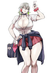 Rule 34 | 1girl, absurdres, alternate costume, breasts, cleavage, collarbone, comic hand, cowboy shot, diabellstar the black witch, duel monster, earrings, green hair, grey eyes, grey hair, highres, huge breasts, jewelry, medium hair, miniskirt, multicolored hair, pleated skirt, red hair, red skirt, shirt, simple background, single earring, skirt, snake-eyes poplar, solo, streaked hair, swimsuit, tied sweater, unworn swimsuit, v, white background, white shirt, yu-gi-oh!