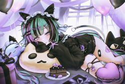 1girl aqua_hair balloon bandaid bandaid_on_leg bandaid_on_thigh birthday black_hair black_sweater blush cake cake_slice chocolate_cake commentary english_commentary finana_ryugu finana_ryugu_(jirai_kei) fins fish_skeleton_hair_ornament food head_fins highres long_hair long_sleeves looking_at_viewer lying maid_headdress multicolored_hair nijisanji nijisanji_en on_side purple_eyes purple_hair ryuguard_(finana_ryugu) skindentation sleeves_past_fingers sleeves_past_wrists smile streaked_hair sweater thigh_strap thighs virtual_youtuber yumevly