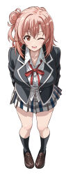 1girl ;d absurdres black_jacket black_socks blazer blush breasts brown_eyes brown_shoes cleavage collared_shirt commentary_request full_body grey_skirt hair_bun highres jacket large_breasts loafers long_hair long_sleeves looking_at_viewer neck_ribbon one_eye_closed open_clothes open_jacket open_mouth pink_hair plaid_clothes plaid_skirt pleated_skirt red_ribbon ribbon shirt shoes sidelocks single_hair_bun skirt smile socks solo standing teeth upper_teeth_only white_shirt yahari_ore_no_seishun_lovecome_wa_machigatteiru. yuigahama_yui zaofeng
