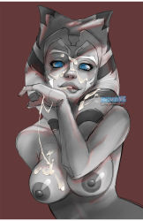1girl ahsoka_tano animification arm_behind_back biting_own_lip blue_eyes breasts brown_background cum cum_on_body cum_on_breasts cum_on_hands cum_on_upper_body facial facial_tattoo female_focus greyscale hardmode_nrg hardmodenrg lips looking_at_viewer monochrome nipples nude ringed_eyes simple_background solo star_wars star_wars:_the_clone_wars tattoo teeth tentacle_hair togruta upper_body