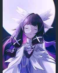 1girl angel_wings artist_name black_hair blunt_bangs blunt_tresses bow bowtie closed_eyes columbina_(genshin_impact) dress eye_mask eyelashes facing_viewer feathered_wings full_moon genshin_impact hair_ribbon head_wings highres large_bow long_hair moon multicolored_hair multiple_wings night night_sky okkobc outdoors parted_lips pink_hair red_lips ribbon sky solo streaked_hair tress_ribbon upper_body white_bow white_bowtie white_dress white_mask white_mouth white_ribbon white_wings wings