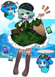 +++ 2girls :3 :d ability_card_(touhou) absurdres backpack bag blue_eyes blue_footwear blue_hair blue_shirt blue_skirt blunt_bangs blush blush_stickers boots brown_footwear camouflage camouflage_shirt camouflage_skirt chibi collared_shirt commentary evil_grin evil_smile flat_cap frilled_shirt_collar frilled_skirt frills full_body green_bag green_eyes green_hair green_hat green_shirt green_skirt grin hair_bobbles hair_ornament hand_up hat highres jewelry kawashiro_nitori key key_necklace knee_boots long_sleeves multiple_girls necklace ok_sign open_mouth parted_bangs pocket propeller shaded_face shirt short_hair sidelocks skirt smile touhou two_side_up yamashiro_takane you_(noanoamoemoe)
