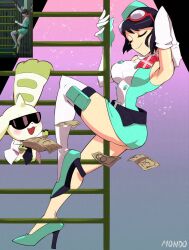 1girl ass banknote black_hair breasts closed_eyes coat digimon digimon_(creature) digimon_story:_time_stranger dress full_body game_screenshot_inset green_dress green_hat hat high_heels highres horns lab_coat ladder large_breasts money multicolored_hair pole_dancing short_hair single_horn single_thighhigh sleeveless sleeveless_dress solo_focus sunglasses supermondobeat terriermon terriermon_joshu thighhighs two-tone_hair white_coat white_dress white_thighhighs yuuki_kanan