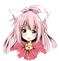 Rule 34 | 1girl, animal ears, bell, blue eyes, blush, cat ears, fang, high ponytail, long hair, lowres, melody sinclair, open mouth, pink hair, ponytail, simple background, smile, solo, tamiya akito, tooth, upper body, white background, wide ponytail, yuukyuu gensoukyoku