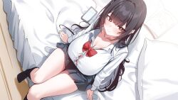 1girl absurdres artist_request bed black_hair black_skirt black_socks book bow bowtie breasts bright_pupils button_gap check_artist cleavage closed_mouth commission dress_shirt from_above hailiu highres huge_breasts korean_commentary long_hair long_sleeves looking_at_viewer miniskirt mole mole_under_eye on_bed open_book original pillow pleated_skirt red_eyes rie_(mirae_yang) second-party_source shirt sitting skirt smile socks solo thighs very_long_hair white_shirt