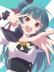 1girl aqua_background black_capelet blue_hair blunt_bangs capelet commentary_request earrings feather_hair_ornament feathers genjitsu_no_yohane hair_bun hair_ornament heart heart_earrings highres jewelry looking_at_viewer love_live! love_live!_sunshine!! mochi_(znkn4524) open_mouth outstretched_hand red_eyes shirt single_hair_bun smile solo tsushima_yoshiko white_background white_shirt yohane_(genjitsu_no_yohane)