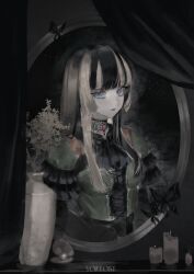 Rule 34 | 1girl, absurdres, artist name, ascot, black ascot, black butterfly, black eyeshadow, black hair, blue eyes, bodice, branch, brooch, bug, butterfly, candle, choker, clam shell, closed mouth, curtains, dress, dust, eyelashes, eyeliner, eyeshadow, frilled sleeves, frills, gem, green dress, grey hair, grey lips, highres, hime cut, hololive, hololive dev is, indoors, insect, jewelry, juufuutei raden, juufuutei raden (1st costume), lace, lace choker, lips, lipstick, looking at viewer, makeup, mirror, multicolored hair, pearl (gemstone), sidelocks, solo, table, two-tone hair, upper body, vase, virtual youtuber, yorulost