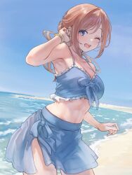 1girl absurdres alternate_costume arm_up armpits beach bikini blue_bikini blue_eyes blue_skirt blue_sky blush breasts brown_hair cleavage cowboy_shot day dot_nose gakuen_idolmaster highres himesaki_rinami horizon idolmaster large_breasts long_hair looking_at_viewer marulire midriff ocean one_eye_closed open_mouth outdoors skirt sky smile solo swimsuit teeth thighs upper_teeth_only