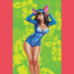 Rule 34 | 1girl, black hair, breasts, brown hair, cleavage, cosplay, covered navel, elias chatzoudis, floral print, green background, hibiscus print, highres, large breasts, lilo &amp; stitch, long hair, pillarboxed, print background, red lips, solo, stitch (lilo &amp; stitch), stitch (lilo &amp; stitch) (cosplay)