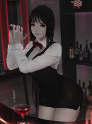1girl alcohol aoi_ogata bartender black_eyes black_hair bottle breasts cocktail_glass cup drinking_glass highres long_hair looking_at_viewer original shaker smile very_long_hair