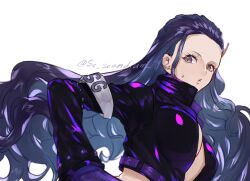 1girl black_hair blue_eyes breasts commentary cropped_jacket eyelashes hair_slicked_back hand_on_own_hip highres jacket leather leather_jacket long_hair looking_at_viewer nico_robin nico_robin_(egghead) one_piece open_mouth radio_antenna sc_scandium sidelocks simple_background solo sweatdrop twitter_username underboob upper_body white_background
