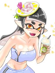 +_+ 1girl bare_shoulders breasts callie_(splatoon) callie_(summer_nights)_(splatoon) cleavage coffee cream crop_top fangs food fruit large_breasts lemon lemon_slice nintendo pointy_ears shrimp sleeveless splatoon_(series) splatoon_3 t2ukmyjm tentacle_hair white_background