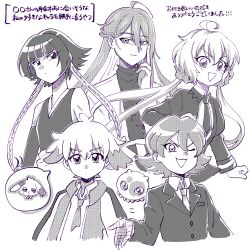 bandaged_arm bandages character_request coat copyright_request digimon digimon_ghost_game floating higashimitarai_kiyoshiro highres hinoki_(91011) long_hair looking_at_viewer necktie one_eye_closed open_mouth puyoyomon short_hair translation_request