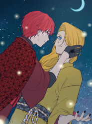 2boys asymmetrical_bangs black_gloves blue_eyes braid crescent_moon deidara_(naruto) fireflies gloves grin hair_over_one_eye hand_in_another&#039;s_hair hayamin35 highres implied_yaoi japanese_clothes kimono looking_at_viewer male_focus moon multiple_boys naruto_(series) naruto_shippuuden night night_sky official_alternate_costume parted_lips red_eyes red_hair sasori_(naruto) short_hair side_braid single_braid sky smile star_(sky) star_(symbol) star_print yukata