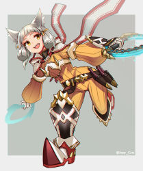 1girl :d animal_ears bodysuit boots cat_ears chakram dual_wielding facial_mark fang flat_chest full_body gloves grey_background hey_cre highres holding nia_(xenoblade) nintendo open_mouth scarf short_hair silver_hair smile solo weapon white_gloves xenoblade_chronicles_(series) xenoblade_chronicles_2 xenoblade_chronicles_(series) xenoblade_chronicles_2 yellow_bodysuit yellow_eyes