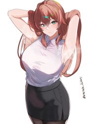 1girl absurdres ananda_hikari aqua_eyes armpit_focus armpits arms_behind_head artist_name azur_lane black_pantyhose black_skirt blue_eyes breasts brown_hair closed_mouth collared_shirt crossed_bangs highres impero_(azur_lane) impero_(drunken_drowsy_dreamer)_(azur_lane) large_breasts long_hair looking_at_viewer office_lady official_alternate_costume pantyhose pencil_skirt presenting_armpit shirt simple_background skirt sleeveless sleeveless_shirt solo steaming_body sweat white_background white_shirt