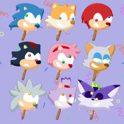 Rule 34 | amy rose, big the cat, blaze the cat, dripping, food, food focus, foodification, froggy (sonic), highres, knuckles the echidna, melting, no humans, popsicle, purple background, rouge the bat, sarahmcsquish, shadow the hedgehog, silver the hedgehog, sonic (series), sonic popsicle, sonic the hedgehog, still life, tails (sonic)