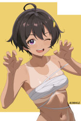 1girl ;d absurdres ahoge artist_name breasts brown_hair chest_sarashi claw_pose commentary english_commentary food-themed_hair_ornament hair_ornament highres jhonwikkle lemon_hair_ornament looking_at_viewer make_heroine_ga_oo_sugiru! navel one_eye_closed open_mouth purple_eyes sarashi short_hair small_breasts smile solo stomach tan tanline teeth twitter_username underboob upper_teeth_only yakishio_lemon yellow_background