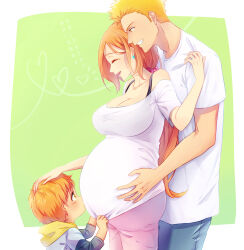 1girl 2boys 57_(lme_piggy117) bleach bleach:_epilogue blue_pants breasts cleavage closed_eyes commentary_request earrings father_and_son hair_ornament hair_scrunchie hand_on_another&#039;s_head husband_and_wife inoue_orihime jewelry kurosaki_ichigo kurosaki_kazui large_breasts long_hair mother_and_son multiple_boys orange_eyes orange_hair pants pink_pants pregnant ring scrunchie shirt wedding_ring white_shirt