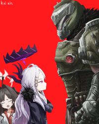 Rule 34 | 1boy, 2girls, absurdres, armor, artist name, black hair, blue archive, blue coat, breastplate, coat, coat on shoulders, collared shirt, commentary, crossed arms, crossover, crying, demon horns, doom: the dark ages, doom (series), doomguy, english commentary, fur-trimmed coat, fur trim, hair intakes, halo, height difference, helmet, highres, hina (blue archive), horns, jacket, kai xin, kasumi (blue archive), long hair, looking at another, multiple girls, muscular, muscular male, open clothes, open coat, open mouth, power armor, praetor suit, purple eyes, purple halo, purple jacket, red background, red shirt, shirt, shoulder armor, simple background, space marine, upper body, white coat, white hair, white halo