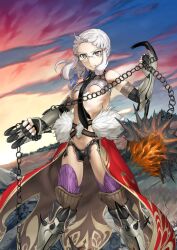 1girl armored_boots armored_gloves ball_and_chain_(weapon) bare_shoulders belt black_collar black_gloves black_necktie black_shorts blue_ribbon boobplate boots breastplate breasts brown_belt brown_eyes cape chain clawed_gauntlets closed_mouth collar crop_top elbow_gloves embers expressionless fate/grand_order fate_(series) feet_out_of_frame fingerless_gloves fur-trimmed_waist_cape fur_trim glasses gloves glowing glowing_weapon goddess_of_war_(fate) groin hair_ribbon hair_tie holding holding_chain holding_weapon legs_apart looking_at_viewer medium_breasts micro_shorts necktie official_art penthesilea_(amazones_ceo)_(fate) penthesilea_(fate) purple_thighhighs red_cape ribbon rimless_eyewear shinjirou short_hair shorts sidelocks sleeveless solo spiked_ball_and_chain spiked_boots spiked_gloves spikes standing stomach thighhighs third-party_source underboob variant_set waist_cape weapon white_hair wing_collar