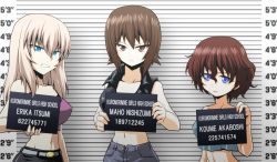 3girls akaboshi_koume belt black_jacket black_skirt blue_eyes breasts brown_eyes brown_hair casual character_name closed_mouth commentary crop_top denim english_text frown girls_und_panzer grey_belt grey_pants grey_shirt grimace height_chart highres holding itsumi_erika jacket jeans kamishima_kanon large_breasts lineup looking_at_viewer medium_hair midriff mugshot multiple_girls navel nishizumi_maho open_fly pants parted_lips purple_shirt shirt short_hair silver_hair skirt sleeveless sleeveless_jacket spaghetti_strap standing tank_top wavy_hair