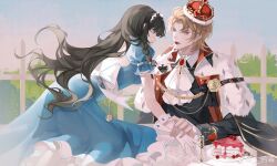 1boy 1girl absurdres aiguillette alice_(alice_in_wonderland) alice_(alice_in_wonderland)_(cosplay) alice_in_wonderland aqua_eyes ascot back_bow backless_dress backless_outfit black_cape black_flower black_hair black_jacket black_rose blonde_hair blue_dress blunt_bangs boutonniere bow braid brooch brown_eyes bush cake cake_slice cape chalice chinese_commentary closed_mouth collared_shirt cosplay crown cup curtained_hair day diamond_(shape) dress eye_contact feet_out_of_frame fence finger_to_another&#039;s_mouth flower food food_in_mouth frilled_dress frilled_sleeves frills fur-trimmed_cape fur_trim gem gloves gold_trim hair_ornament heart heart_brooch heroine_(lovebrush_chronicles) hetero highres holding_another&#039;s_wrist index_finger_raised jacket jewelry kneeling lapel_chain lapels lars_rorschach lars_rorschach_(book_of_tales) lips long_hair long_sleeves looking_at_another lovebrush_chronicles maid_headdress on_table parted_bangs parted_lips picket_fence plate pocket_watch profile puffy_short_sleeves puffy_sleeves queen_of_hearts_(alice_in_wonderland) queen_of_hearts_(alice_in_wonderland)_(cosplay) rabbit_hair_ornament red_gemstone rose shirt short_hair short_sleeves side_braid sitting sleeve_cuffs smile spoon table tablecloth tilted_headwear upper_body watch watermark weibo_watermark white_ascot white_bow white_gloves white_shirt wooden_fence yaqing yellow_flower yellow_rose