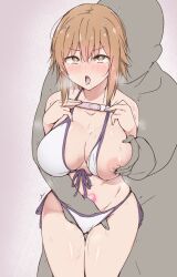 1boy 1girl ahegao bikini blush breasts brown_eyes brown_hair cleavage collarbone commentary_request commission faceless faceless_male female_orgasm fingering fingering_from_behind grabbing_another&#039;s_breast grabbing_from_behind grand_blue groping hand_in_panties heart heart-shaped_pupils hetero hidarite_no_hoosoku_(tdog) holding holding_pregnancy_test implied_pregnancy kotegawa_chisa large_breasts nipples one_breast_out open_mouth orgasm panties pregnancy_test pubic_tattoo reach-around rolling_eyes saliva short_hair side-tie_bikini_bottom simple_background skeb_commission sweat swimsuit symbol-shaped_pupils tattoo trembling underwear white_bikini