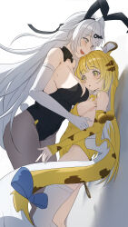 2girls absurdres alternate_costume animal_ears bare_shoulders black_leotard black_pantyhose blonde_hair blush breasts cleavage commentary_request covered_navel detached_sleeves elbow_gloves fake_animal_ears fake_tail fang from_side gloves grey_hair grey_pantyhose highres ju_fufu large_breasts leotard long_hair medium_breasts multiple_girls nontraditional_playboy_bunny open_mouth pantyhose playboy_bunny rabbit_ears rabbit_tail sideboob simple_background small_breasts smile tail thighhighs thighs tiger_ears tiger_girl tiger_tail very_long_hair white_background white_gloves white_hair white_thighhighs yellow_eyes yellow_leotard yellow_sleeves yi_xuan_(zenless_zone_zero) yuyiosang zenless_zone_zero