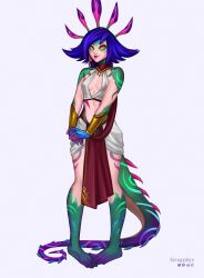 1girl absurdres artist_name bare_shoulders barefoot blue_hair collarbone colored_skin english_text flipped_hair green_skin grey_background highres kenapplepi league_of_legends multicolored_hair navel neeko_(league_of_legends) own_hands_together pink_hair pink_skin purple_skin simple_background slit_pupils smile solo stomach two-tone_hair yellow_eyes