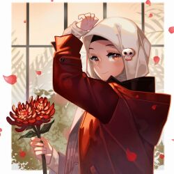 1girl akuni_(sinoru50) amu_(wee!!) black_hair blurry blurry_background bouquet brown_eyes closed_mouth flower hair_ornament hand_up hijab holding holding_flower hood hood_down hoodie jacket long_sleeves looking_at_viewer petals red_flower red_hoodie rose skull_hair_ornament smile solo upper_body wee!! white_hijab window