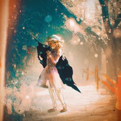 Rule 34 | 1girl, absurdres, blonde hair, circle yomado, dress, frilled dress, frills, full body, gap (touhou), hat, highres, maribel hearn, medium hair, mob cap, outdoors, own hands clasped, own hands together, purple dress, socks, solo, standing, torii, touhou, white socks