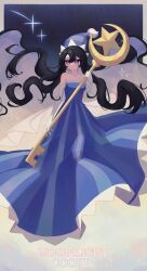 1girl absurdly_long_hair arm_at_side bare_shoulders black_background black_hair blue_dress blue_hat border breasts character_name closed_mouth colored_inner_hair commentary cookie_run double-parted_bangs dress elbow_gloves floating_hair frilled_dress frilled_gloves frilled_hat frilled_headwear frills full_body gloves grey_border grey_hair hair_between_eyes hand_up hat highres holding holding_staff humanization kuriyama_amane long_dress long_hair looking_at_viewer moonlight_cookie multicolored_hair outside_border purple_eyes simple_background small_breasts smile solo sparkle staff strapless strapless_dress striped_clothes striped_dress striped_hat striped_headwear symbol-only_commentary two-tone_hair vertical-striped_clothes vertical-striped_dress very_long_hair wavy_hair white_gloves wizard_hat