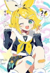 Rule 34 | !?, 1girl, bad anatomy, bad hands, bandaid, bandaid on knee, bandaid on leg, blonde hair, blue eyes, bow, detached sleeves, hair bow, hair ornament, hands up, head tilt, highres, kagamine rin, looking at viewer, non-web source, one eye closed, open mouth, puppy cide, sailor collar, short hair, signature, simple background, sitting, smile, solo, vocaloid