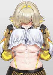 :3 absurdres after_paizuri ahoge baguette_man black_gloves breasts brown_background bukkake clenched_hands closed_mouth cropped_jacket cropped_legs cum cum_on_body cum_on_breasts cum_on_stomach cum_on_upper_body elegg_(nikke) fang gauntlets gloves goddess_of_victory:_nikke hair_intakes hair_over_one_eye highres jacket large_breasts long_sleeves medium_hair navel purple_eyes shorts smile standing sweat white_jacket