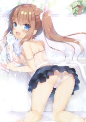 1girl absurdres ass cameltoe female_focus hair_between_eyes highres ichiri lingerie loli long_hair miniskirt nipples no_bra off_shoulder panties sazaki_ichiri see-through_clothes shirt skirt solo underwear very_long_hair wet wet_clothes wet_panties wet_shirt