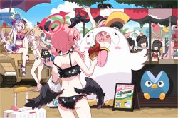 6+girls arms_up ass azusa_(blue_archive) azusa_(swimsuit)_(blue_archive) bare_shoulders beach black_wings blue_archive bow butt_crack cloud cloudy_sky feathered_wings floral_print floral_print_bikini hair_bow halo hanako_(blue_archive) hands_up head_wings hifumi_(blue_archive) hifumi_(swimsuit)_(blue_archive) highres hoshino_(blue_archive) ichika_(blue_archive) ideolo justice_task_force_member_(blue_archive) koharu_(blue_archive) koharu_(swimsuit)_(blue_archive) loli low_wings market_stall military_vehicle motor_vehicle multiple_girls navel off_shoulder open_mouth peroro_(blue_archive) pink_halo red_halo sandals sky tagme tank thighs twintails winged_halo wings yellow_halo