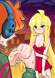 1boy 1girl absurdres blonde_hair blue_eyes blush breasts brief_(psg) cloud cloudy_sky commentary disembodied_pussy dress english_commentary fingering headphones highres large_breasts long_hair orange_hair orgoglioso_banane panty_&amp;_stocking_with_garterbelt panty_(psg) pussy red_dress short_hair sky sweatdrop very_short_hair