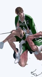 2boys basketball_jersey basketball_uniform brown_hair fujima_kenji glasses hanagata_touru highres kneeling male_focus multiple_boys shoes sitting sitting_on_person slam_dunk_(series) sportswear sweat vzivwinter whip whip_marks white_shoes